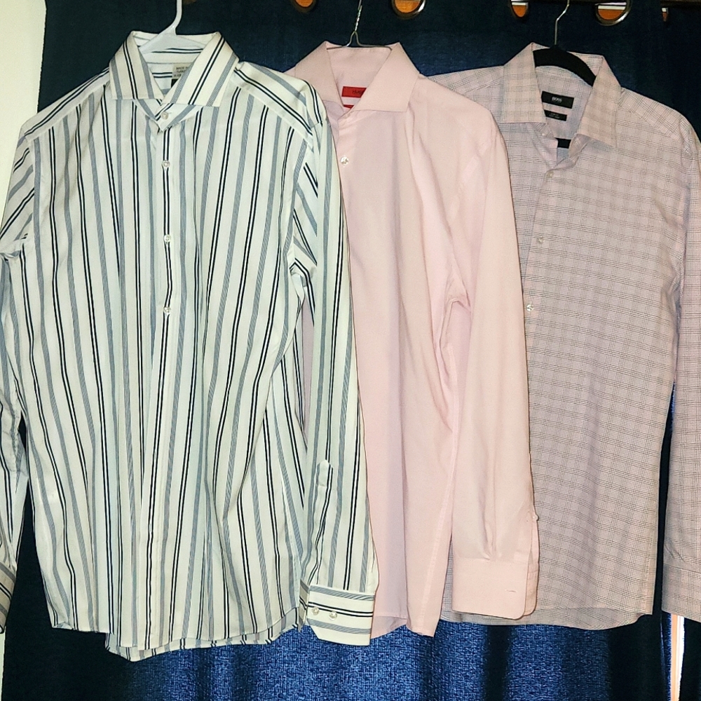 3 Hugo Boss Dress Shirts_ Black and White Striped, Pink and Checkered Pink